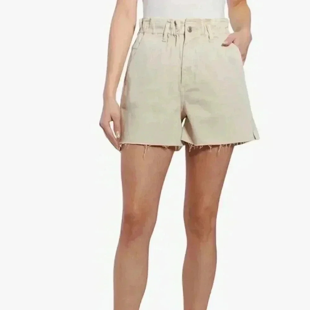 OAT New York High Waist Slouchy Denim Shorts XL Beige Elastic Waist Raw Hem NWT